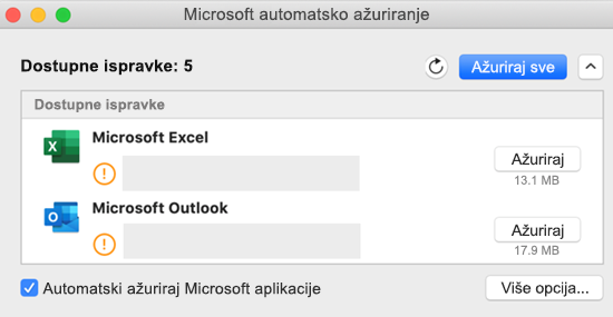 Slika kontrolne table Microsoft AutoUpdate sa informacijama o ispravkama.