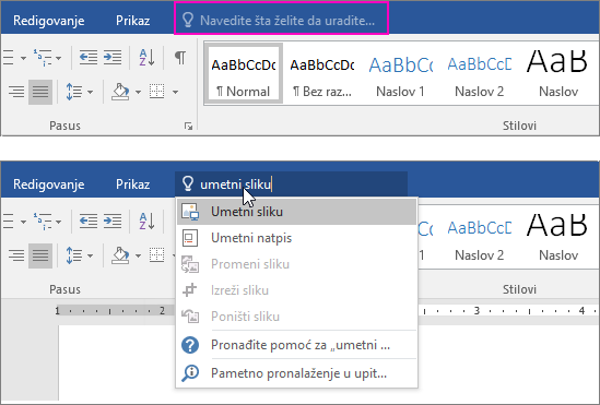 Prikazuje polje za pretragu „Recite mi“ na traci u programu Word
