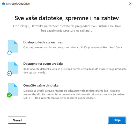 Ekran "Datoteke na zahtev" u čarobnjaku "Dobro došli u OneDrive"