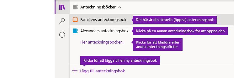 Listan med anteckningsböcker i OneNote för Windows 10