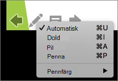 Skärmbild som visar tillgängliga alternativ för pekaren som används i ett bildspel. Alternativen är Automatisk, Dold, Pil, Penna och Pennfärg.