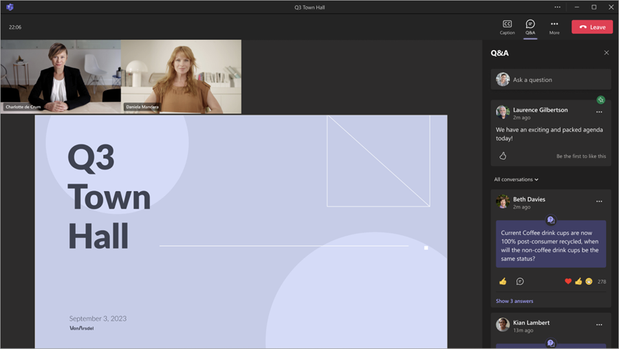 Skärmbild som visar deltagarvy av frågor och svar under en händelse i ett allmänt möte