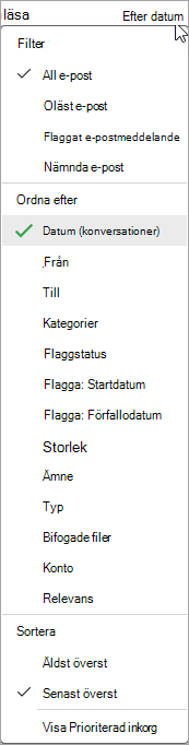 Skärmbild av listrutan Sortera meddelanden