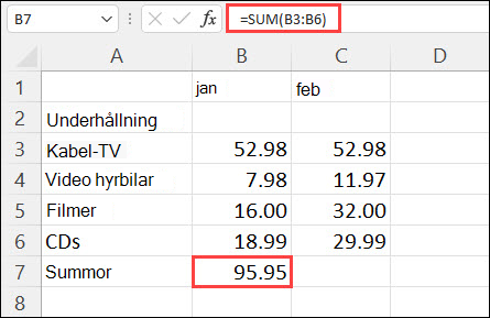 Autosummeringsresultat i cell B7