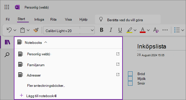 Skärmbild av listrutan i listrutan OneNote-anteckningsböcker