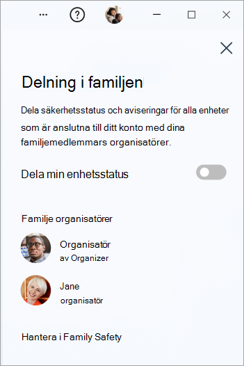 Delningspanelen För familjen i Microsoft Defender i Windows.