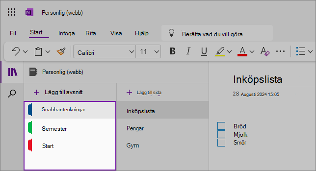 Vy över OneNote-webbgränssnittet som visar innehållsområdet