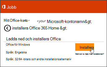 Skärmbild av sidan Installera för Mitt konto