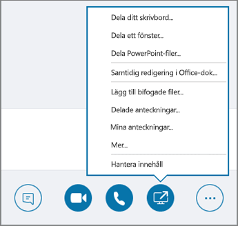 Skärmbild av den öppna menyn Dela innehåll.