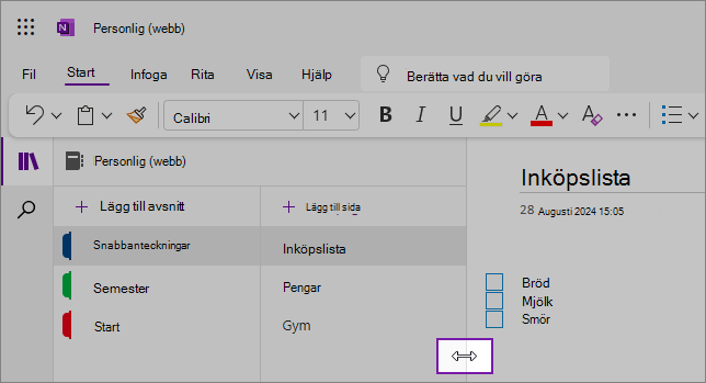 Skärmbilder som visar hur du ändrar storlek på OneNote-navigeringsfönster