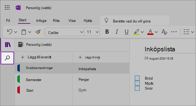 Vy över OneNote-webbgränssnittet som visar innehållsområdet