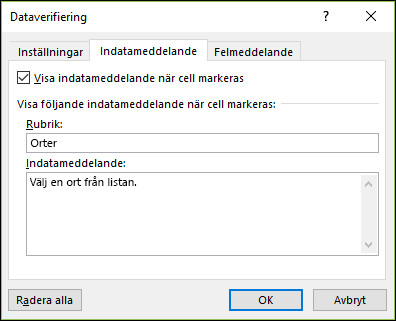 Indatameddelandealternativ för dataverifiering