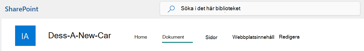 En meny på den översta sharepoint-webbplatsen med alternativet Dokument markerat.