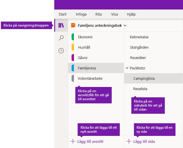 Avsnitt och sidor i OneNote för Windows 10