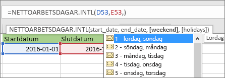 Intellisense-listan visar 2 – söndag, måndag; 3 – måndag, tisdag och så vidare