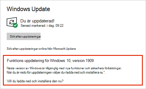 Windows Update visar funktionsuppdateringens placering