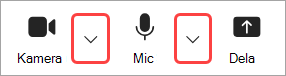 Bild som markerar listrutepilarna Kamera och mikrofon i Teams möteskontroller.