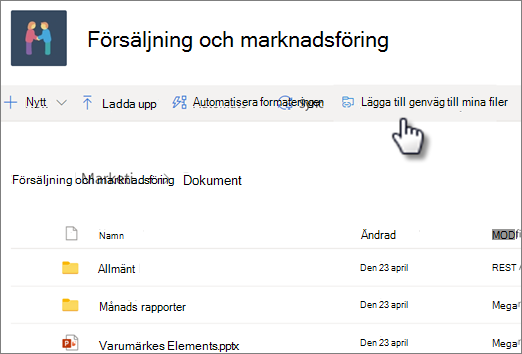 Skärmbild av hur du lägger till en genväg till OneDrive från ett delat bibliotek