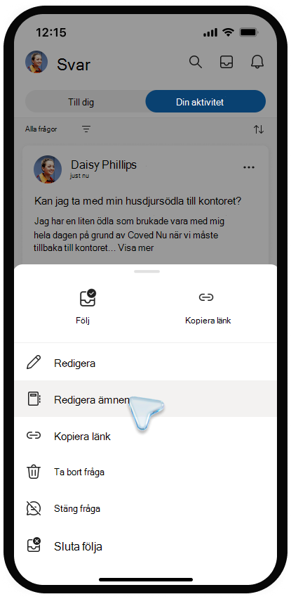 Skärmbild av menyn för redigering av ämnen i Viva Engage på en mobil enhet.