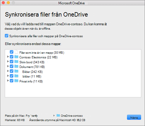 Skärmbild av OneDrive-konfigurationsmenyn för att välja vilka mappar eller filer som ska synkroniseras.