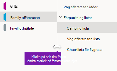 Ändra storlek på navigeringsfönstret i OneNote för Windows 10