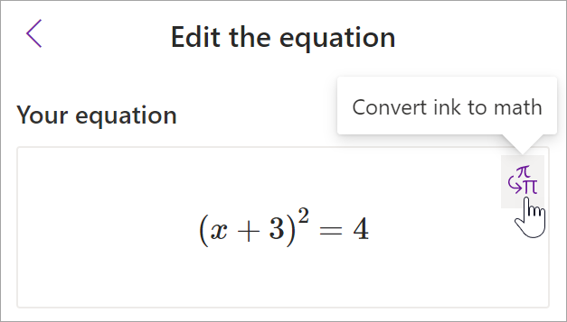 skärmbild av fönstret matematik assistent i OneNote. En markör hovrar över knappen pennanteckning till text.