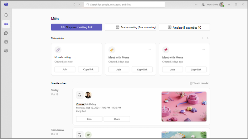 Skärmbild av fliken Möte i Teams som visar ett nytt sätt att hantera dina möten.