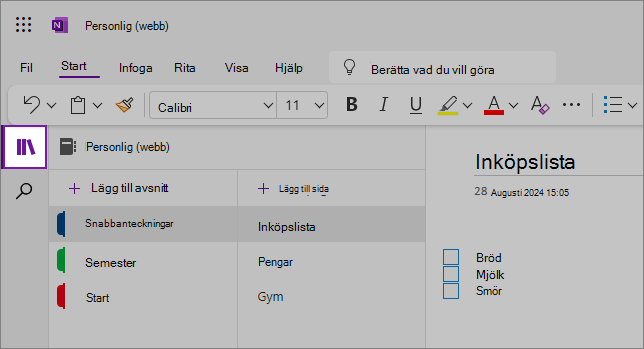 Vy över OneNote-webbgränssnittet som visar innehållsområdet