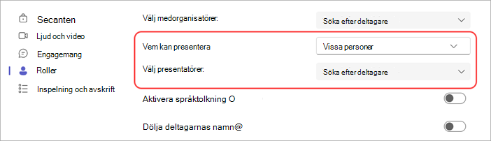 Skärmbild som visar hur du väljer presentatörer i ett Teams-möte.