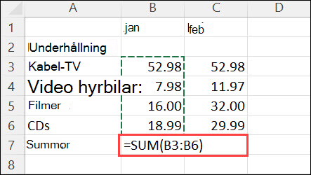 Formel som skapats genom att klicka på Start > Autosumma