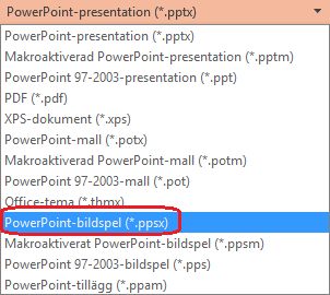 Listan med filtyper i PowerPoint innehåller "PowerPoint-bildspel (.ppsx)".