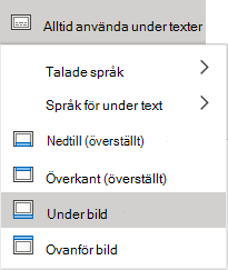 Inställningar för undertext i PowerPoint Online.