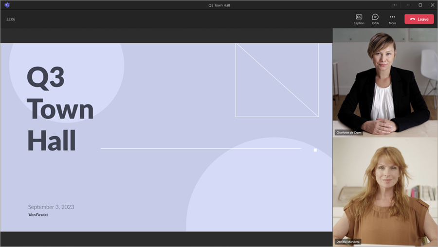 Skärmbild av huvuddeltagarnas vy när du deltar i ett allmänt möte i Microsoft Teams