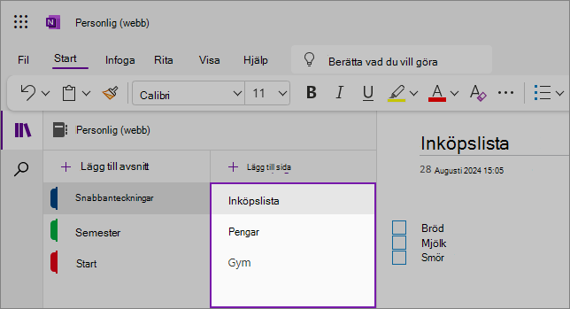 Vy över OneNote-webbgränssnittet som visar innehållsområdet