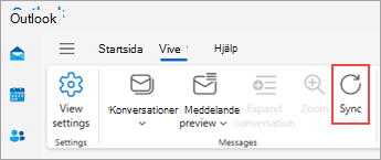 Skärmbild av menyfliksområdet med en markering med Synkronisera på fliken Visa