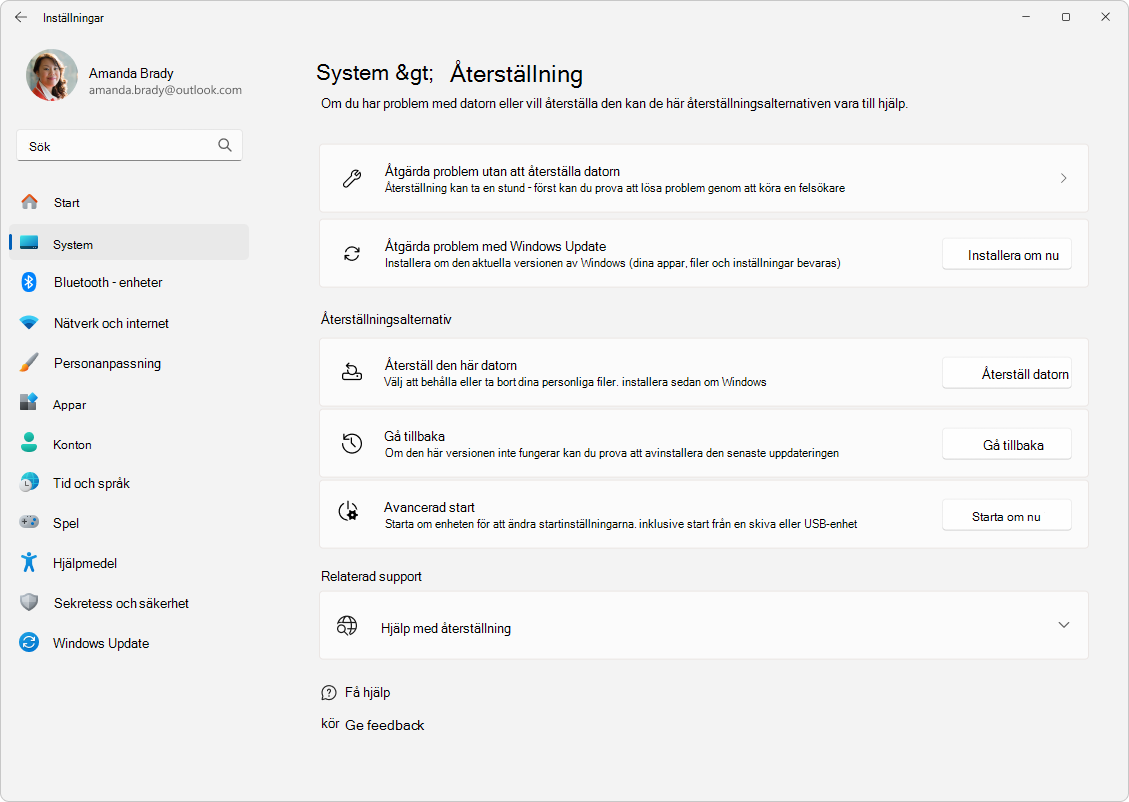 Skärmbild av Inställningar – System – Återställning.