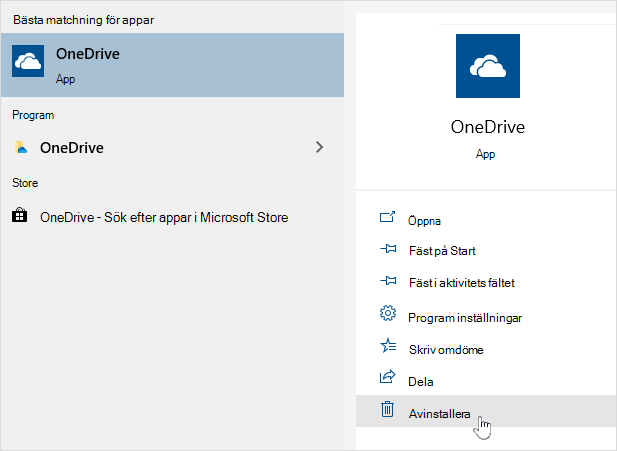 Avinstallera OneDrive Store-appen