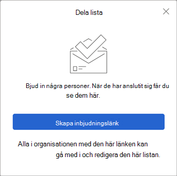När du väljer Dela lista skapar To Do en inbjudningslänk som ska skickas till andra.