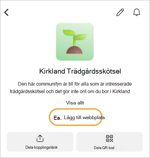 Välj Lägg till länk i communitybeskrivning för att lägga till en webbplatslänk.