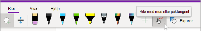 skärmbild av fliken Rita i OneNote för Windows 10 med mus som hovrar över knappen Rita med mus eller pekgester