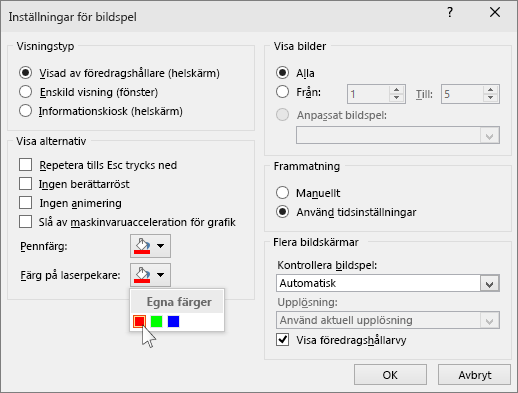 Visar alternativ för laserpekare i PowerPoint