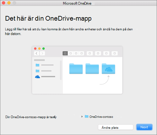 Skärmbild av sidan Det här är din OneDrive-mapp när du har valt en mapp i guiden Välkommen till OneDrive på en Mac