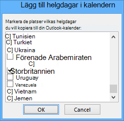 Dialogruta för val av helgdagar efter land/region