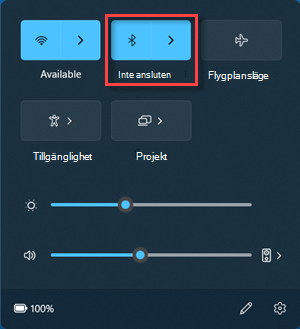 Bluetooth-knappen i läget "Inte ansluten" i snabbinställningarna.