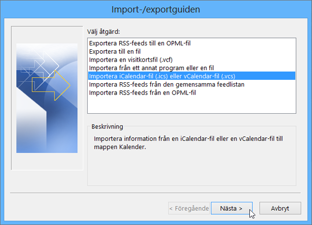 Välj Importera en iCalendar- eller vCalendar-fil.