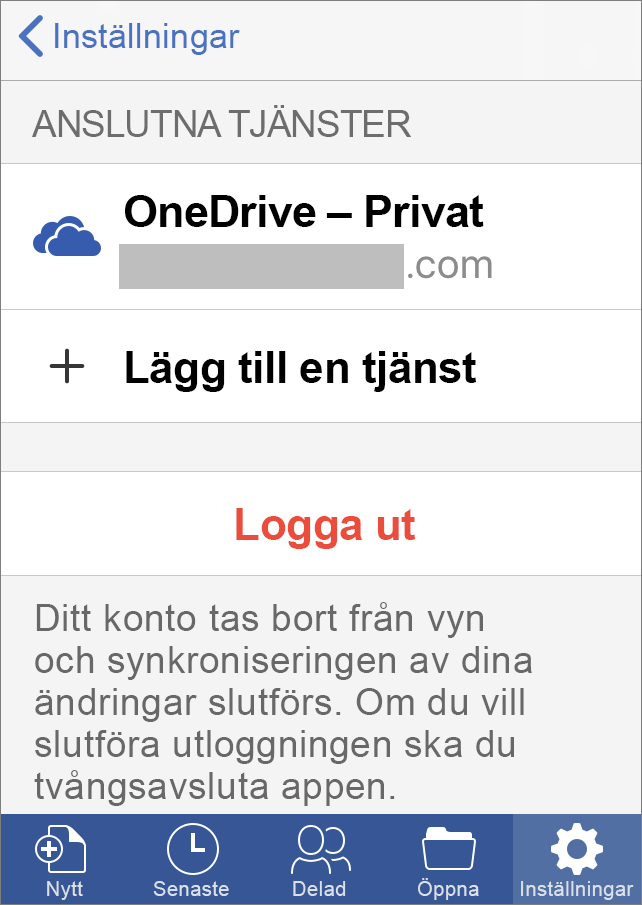 Visar alternativet Logga ut i Office för iOS