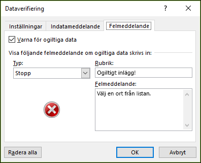 Felmeddelandealternativ i listruta för dataverifiering