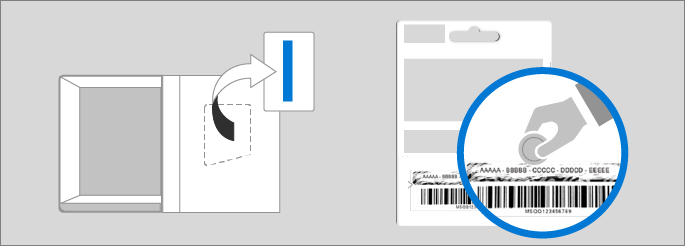 Visar placeringen av produktnyckeln på produktlådan och på produktnyckelkortet.