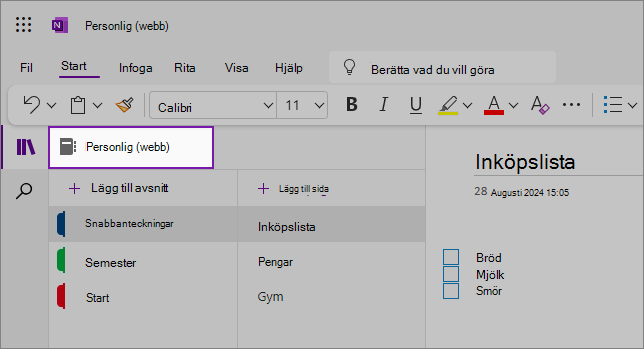 Vy över OneNote-webbgränssnittet som visar innehållsområdet