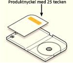 Produktnyckeln finns inuti förpackningen på en etikett på kortet mittemot skivhållaren på vänster sida av fodralet